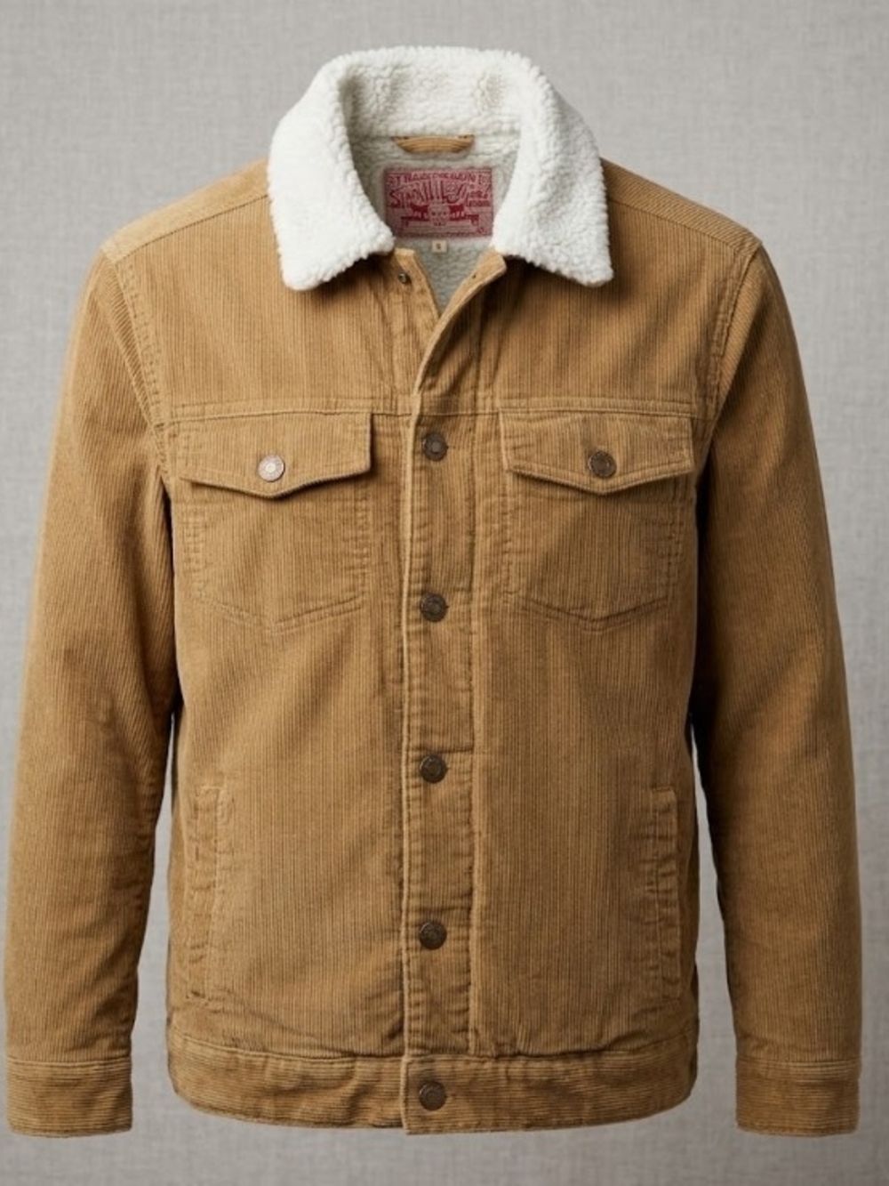 Brooklyn Clothing Tan Corduroy Trucker Jacket White Sherpa Collar & Lining (M)